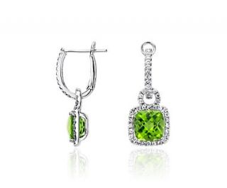Peridot and White Sapphire Halo Drop Earrings in Sterling Silver 