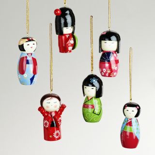 Wood Kokeshi Doll Ornaments, Set of 6  World Market