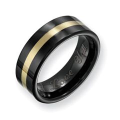 Mens 8.0mm Engraved Black Ceramic with 14K Gold Inlay Polished 