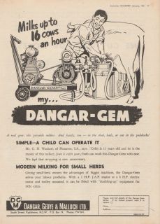 Vintage 1961 DANGAR GEM PORTABLE COW MILKING MACHINE Advertisement