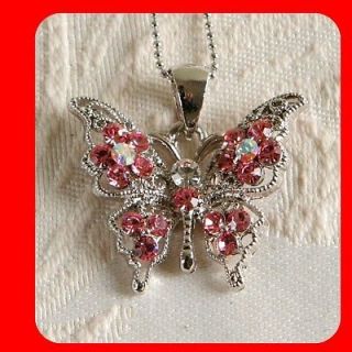 Pink Crystal Butterfly silver SP Beautiful Fashion Jewelry Pendant 