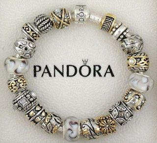   Pandora Silver Bracelet Brown Beads Gold Tone Charms Holiday Gift
