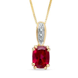 Cushion Cut Lab Created Ruby Pendant in 14K Gold with Diamond Accents 