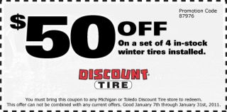 50 Off on a set of 4 in stock winter tires installed. You must bring 