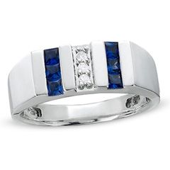 Mens Lab Created Sapphire and Diamond Bar Ring in Sterling Silver 