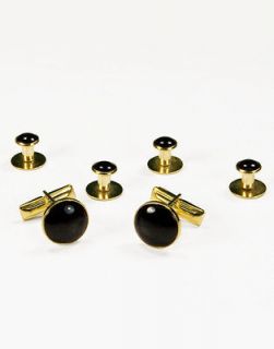 New Faux Onyx & Gold Cufflinks and Tuxedo Studs Set   Includes Pouch