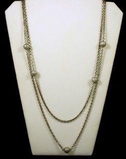 Super Long Silver Tone Chain Link Necklace w/ Silver Spheres Signed 