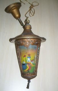 Antique Art Nouveau Reverse Painting Hanging Lamp, Lighthouse Scene
