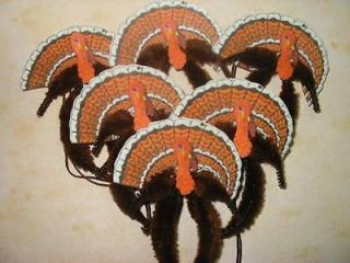 Primitive Vintage Style Thanksgiving Turkey Ornaments Chenille Feather 