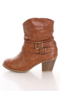 Cognac Faux Leather Slouchy Buckle Strapped Booties