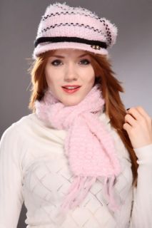 Pink Multi Knitted Ruched Center Small Brim Beanie Matching Scarf Set 