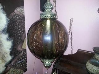 Vintage 60s Hollywood Regency Light Brown swag hanging lamp Glass Ball