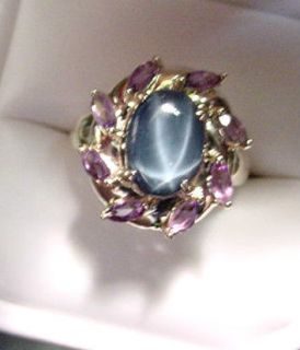   BLUE STAR SAPPHIRE 3.22 CTS & MARQUISE AMETHYST 14K GOLD RING
