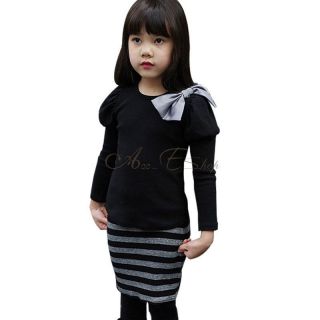 Girl Kid Bowknot Top Shirt&Stripe Skirt Pangeant Dress 2PCS Sets 