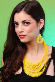 YELLOW MULTI FISH STRING BEADED NECKLACE EARRINGS SET @ Amiclubwear 