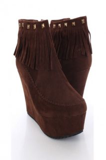 Brown Faux Suede Studded Fringe Moccasin Style Wedges @ Amiclubwear 