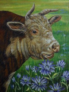 ACEO Cow Hereford Bull farm animal print of painting