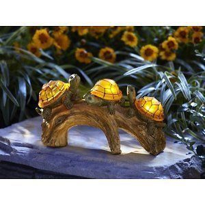 NEW Garden Art Decor Solar Powered Turtles on Log with Glowing Shells 