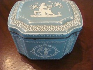 Vintage Horner Tin with Grecian blue & white raised design approx 5 X 