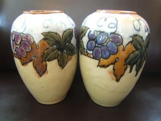 Royal Doulton Lambeth c.1909 PAIR (2) stoneware pottery VASES grape 