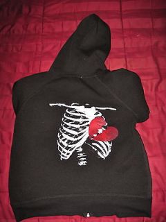 Skeleton broken heart black fleece hoodie goth punk small DIY