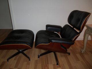 CHERRY WOOD HERMAN MILLER EAMES LOUNGE CHAIR & OTTOMAN BLACK LEATHER
