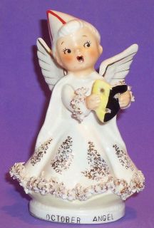 Vintage Halloween October Angel Holding Mask Wearing Party Hat & Cape