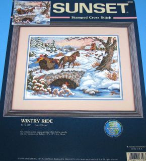 Sunset WINTRY RIDE Victorian Horse Drawn Sleigh Stamped Counted Cross 
