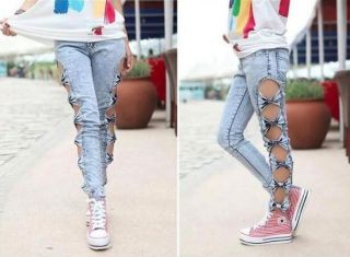   Detailed Woman Side Bow Cutout Ripped Denim Sexy Jeans Leggings