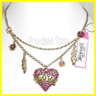 New Betsey johnson Heart with Love feather 2 row pendent necklace 