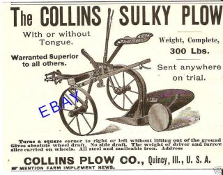 VERY OLD 1889 COLLINS SULKY RIDING PLOW AD QUINCY IL