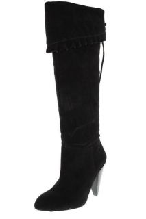 BCBG NEW Sanji Black Suede Fold Over Ruffle Over The Knee Boots Heels 