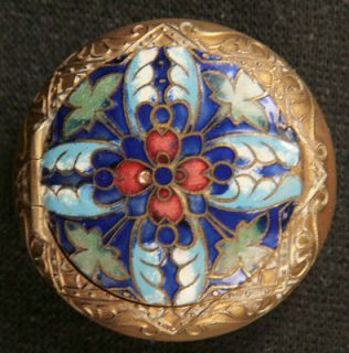 ANTIQUE FRENCH OLD PRESSED BRASS PILL BOX ART NOUVEAU ENAMEL TOP 