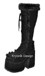 Demonia Camel 311 goth gothic platform black knee high furry boots 6