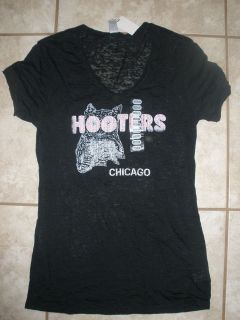 NEW WOMENS HOOTERS OWL LOGO BLACK LACEY T SHIRT CHICAGO PINK LETTERS 