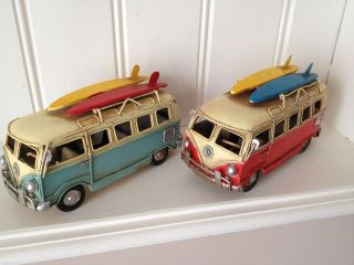 TIN MODEL VW CAMPER VAN WITH SURF BOARDS RED OR BLUE GREAT GIFT