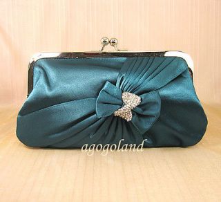 Elegant Teal Satin Purse   Shiny Crystal Ribbon Evening Handbag Clutch 