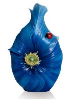 FRANZ FINE PORCELAIN BLUE POPPY FLOWER SCULPTURED SMALL VASE, NEW