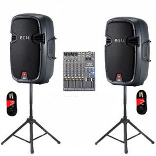 JBL Powered 15 EON 510 DJ Speakers Mixer Stands Cables