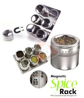 New 6pc Stainless Steel Magnetic Spice Storage Jar Tins Container With 