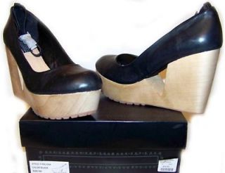 NIB DEENA & OZZY Leather Cutout Wood Wedge PUMPS with ANKLE STRAP size 