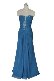 TEAL BLUE RUCHED BEADED LONG EVENING DRESS PROM BALL ROBE TOGA GOWN