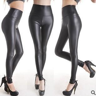 Matt Black Color Wet Faux Leather Look High Waist Leggings Size 6 to 8
