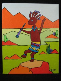 Kokopelli on Orange Boulder (8x10) Original Painting by Artist 