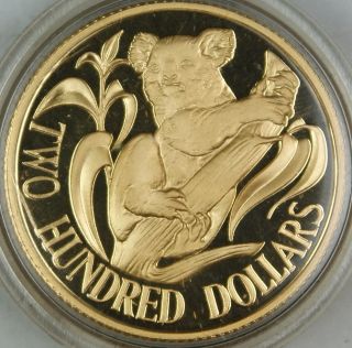 1980 Australia $200 Koala Bear Proof Cameo Gold Coin, 22kt, In Box w 
