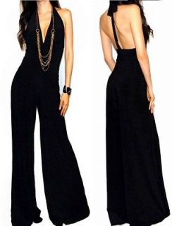 SEXY BLACK HALTER MAXI PALAZZO COCKTAIL DRESS JUMPSUIT OUTFIT L