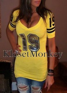 SEXY YELLOW BLACK SPORT FOOTBALL JERSEY LOW CUT STRETCH TEE TOP #19 