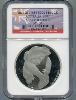 2007 Australian $1 Silver Koala NGC MS 69 One Of First 5000 Struck