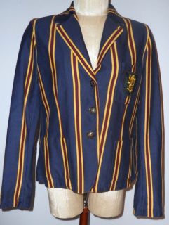 Ralph Lauren Navy Blue Yellow And Burgundy Striped Rugby Blazer Size 