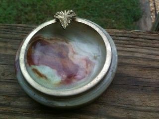 VINTAGE HAND MADE ALABASTER STONE ASHTRAY WITH GOLD TONED TRIM